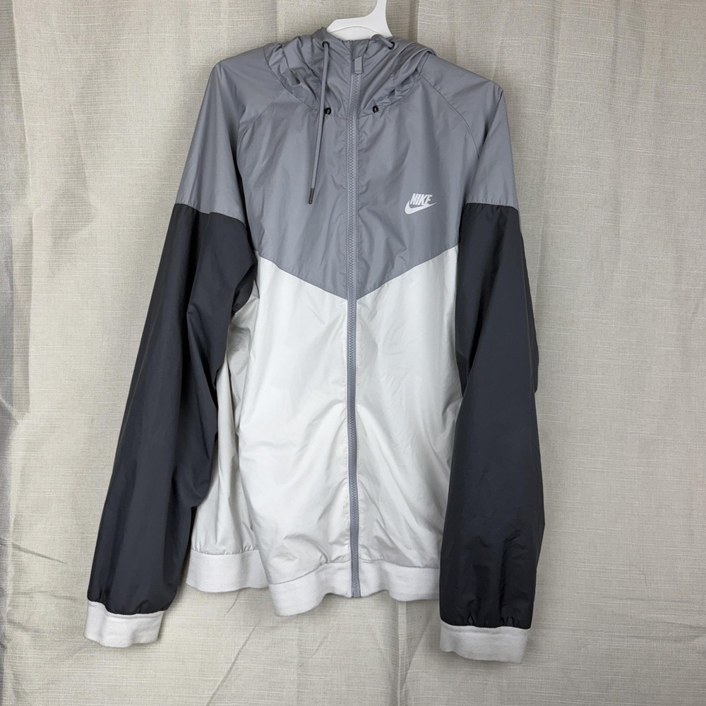 Nike Jacket Mens XL Gray White Colorblock Hooded Full Zip Windbreaker Running
